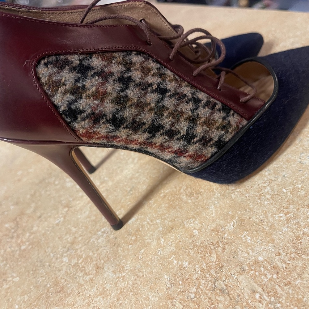 J. Crew Burgundy and Black Lace-Up Heels